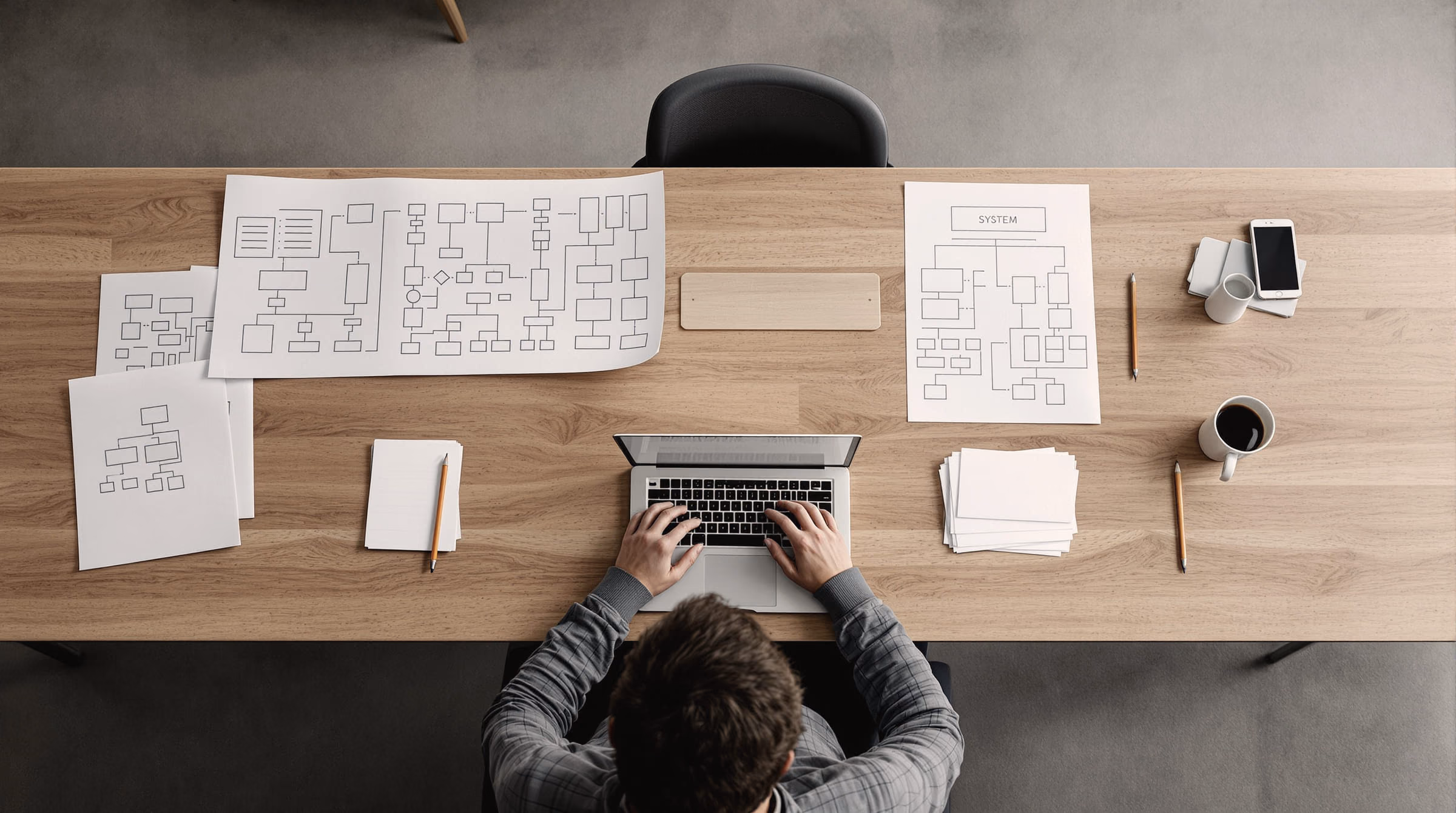 Printed system diagrams spread across a worktable around an open laptop