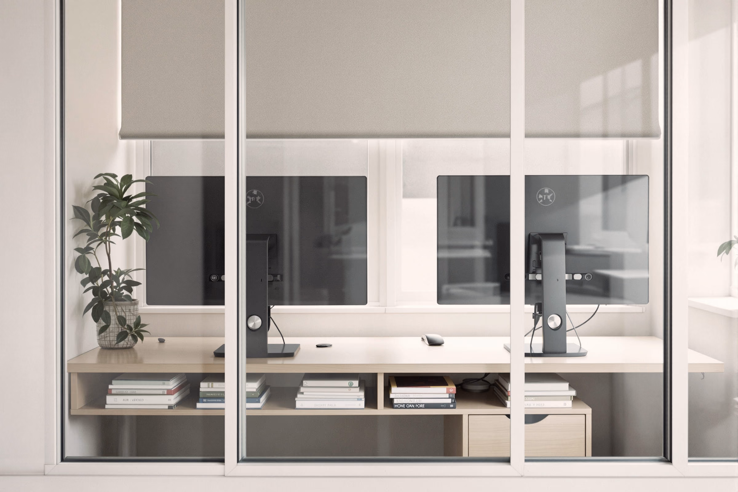 A small studio office behind a glazed partition, two monitors on a pale desk