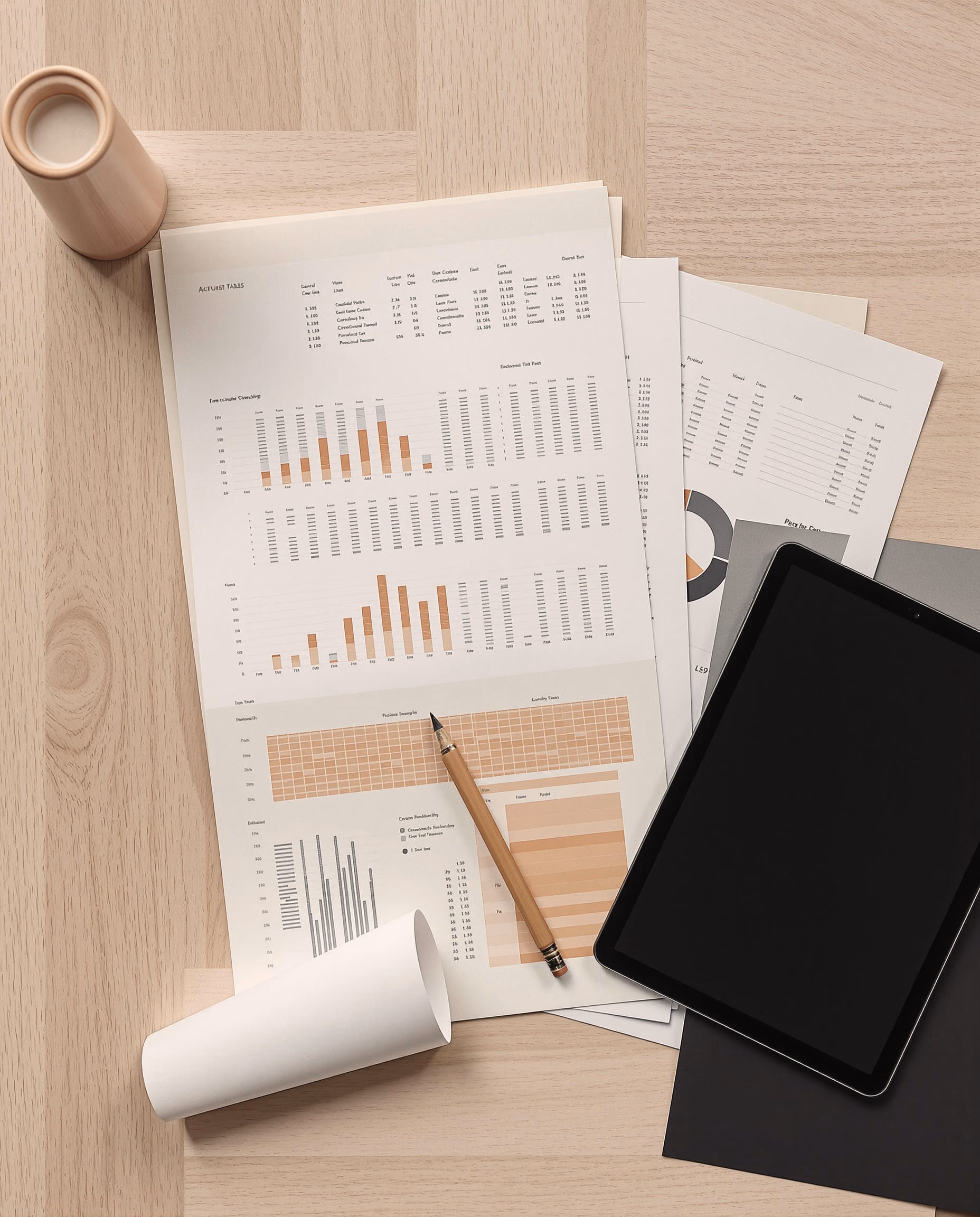 Printed analytics charts and tables fanned out on a wooden desk beside a tablet and a pencil
