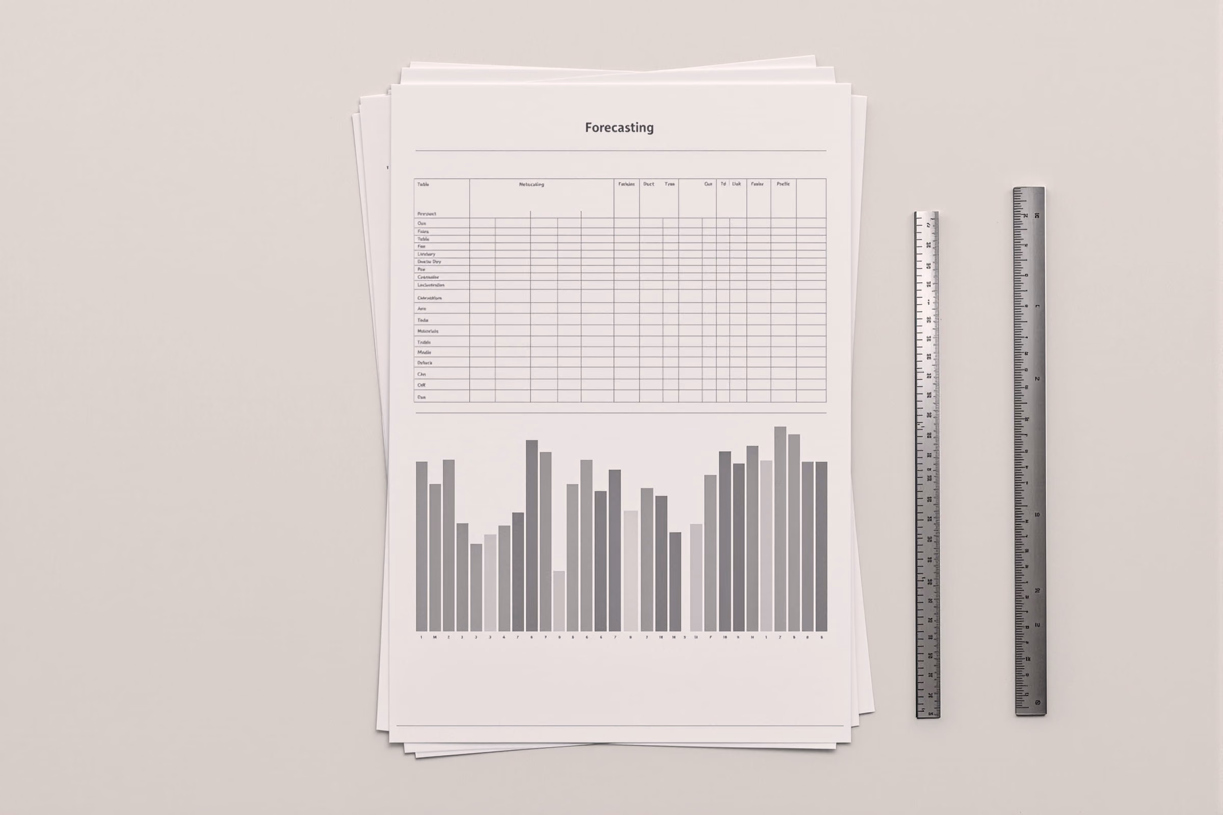 A printed forecasting report and a steel rule laid square on a bare pale desk