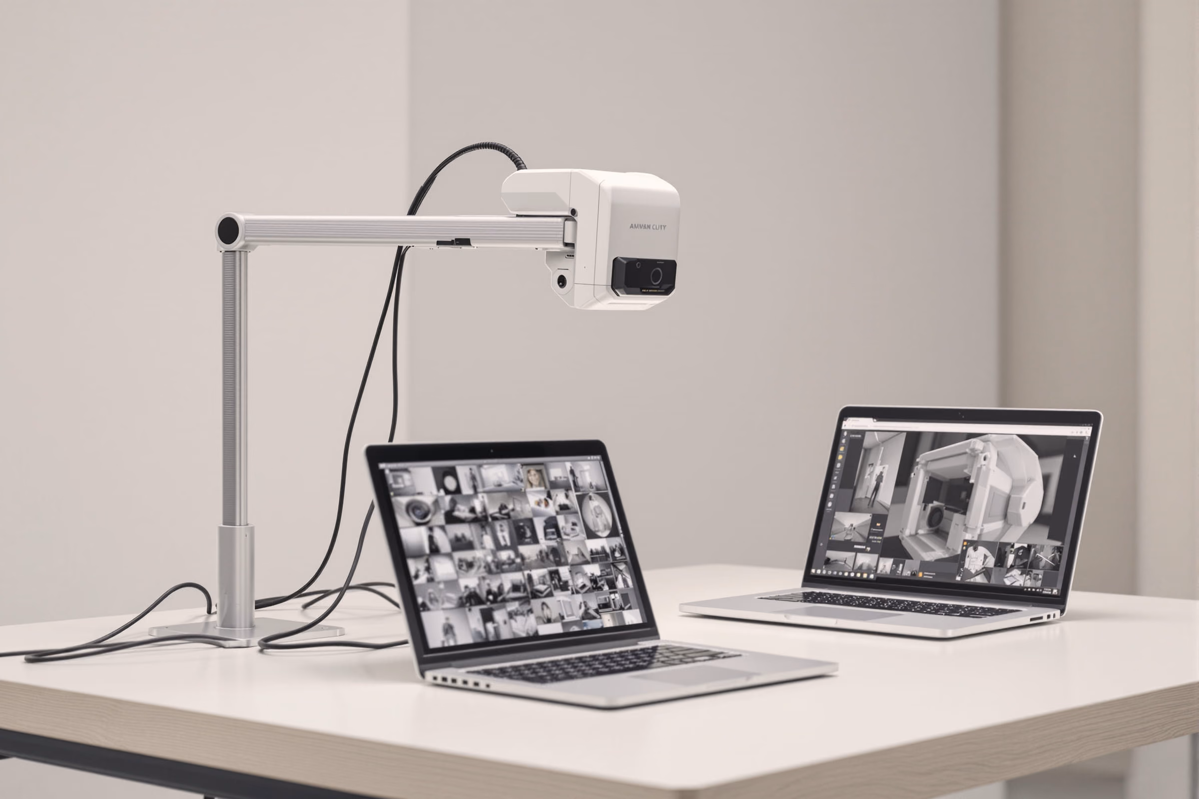 An inspection camera on an arm above a white table, two laptops showing grids of captured frames